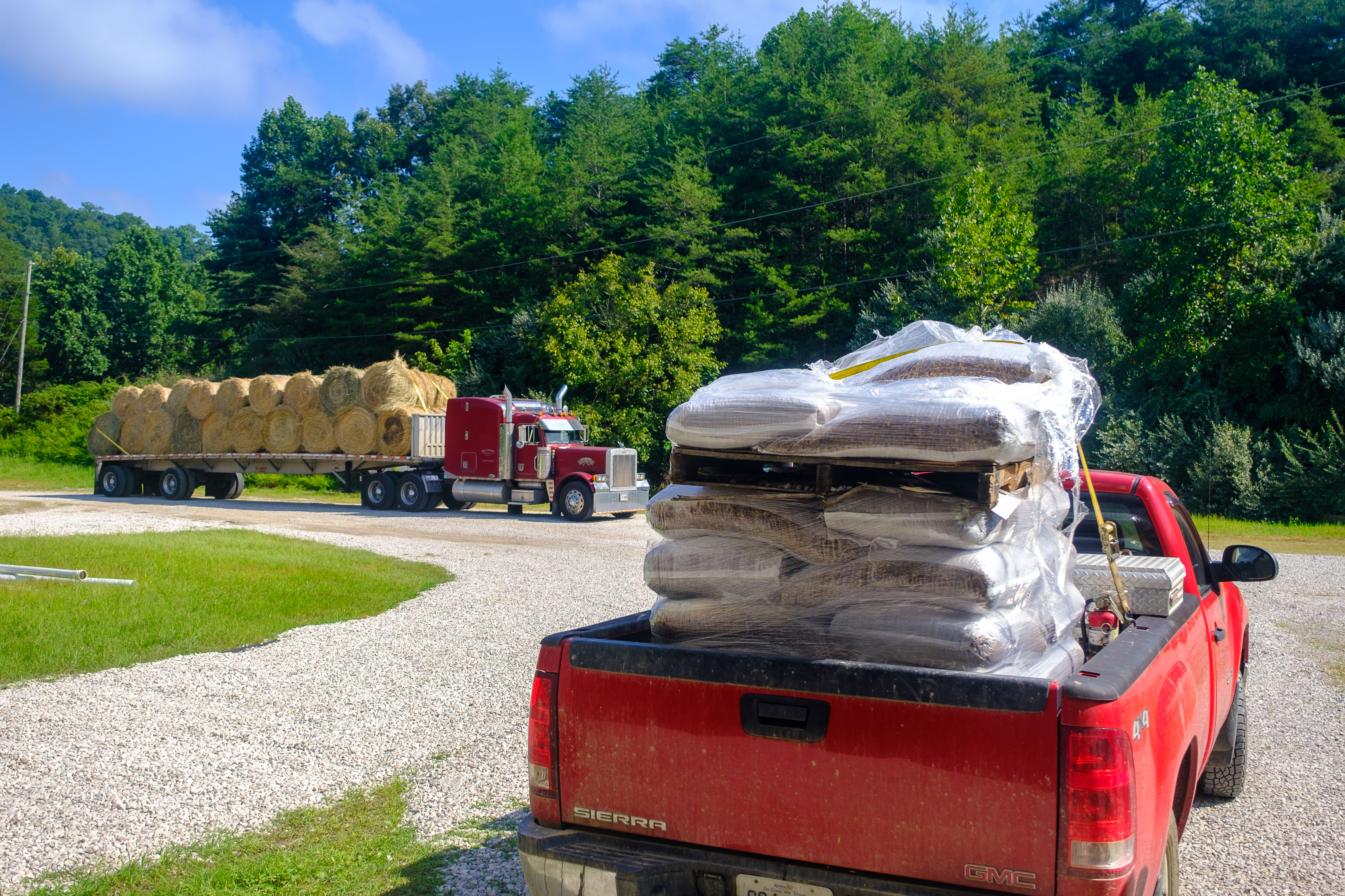 hay, truck, semi, trees