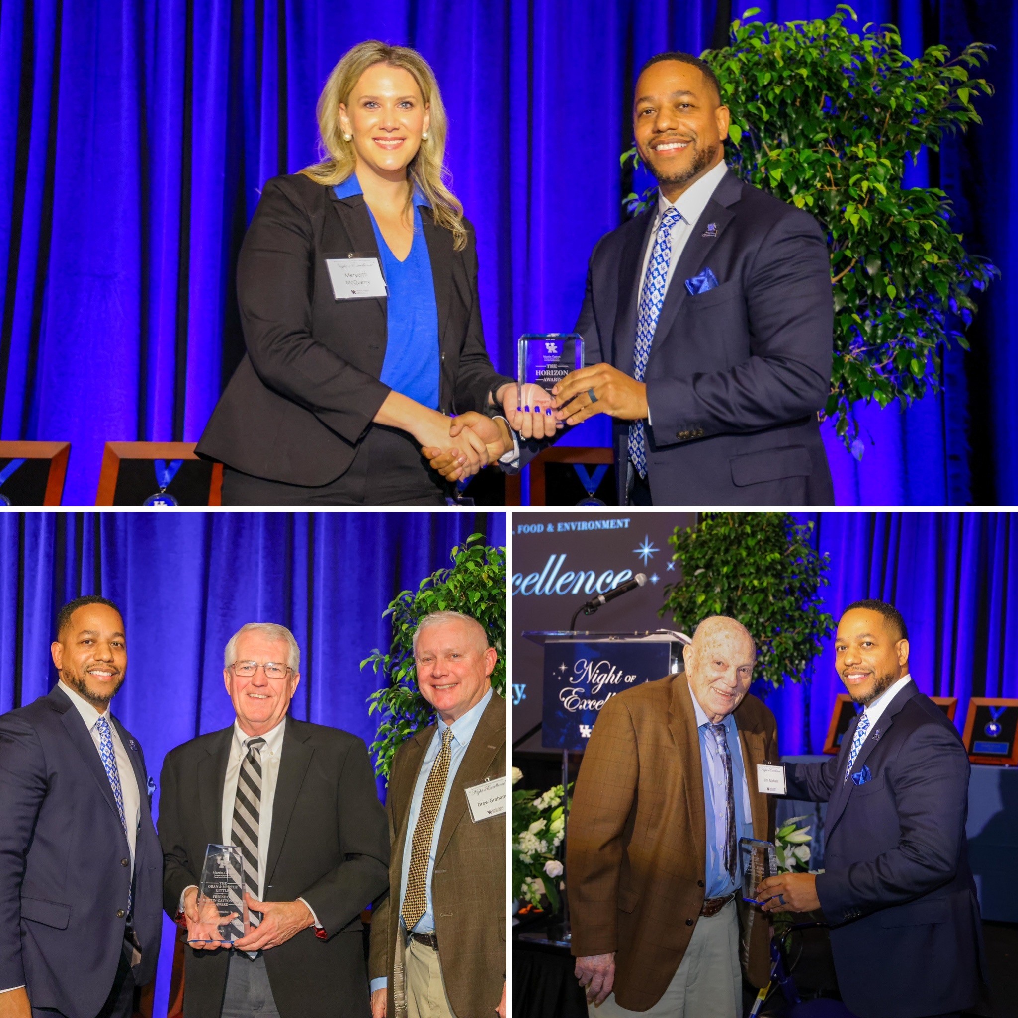 Quentin Tyler presents the Horizon Award to Meredith McQuerry, Paul Appel Alumni Service Award to Jim Mahan and Oran & Myrtle Little Friend of Martin-Gatton CAFE Award to Kentucky Farm Bureau. Photos by Matt Barton.