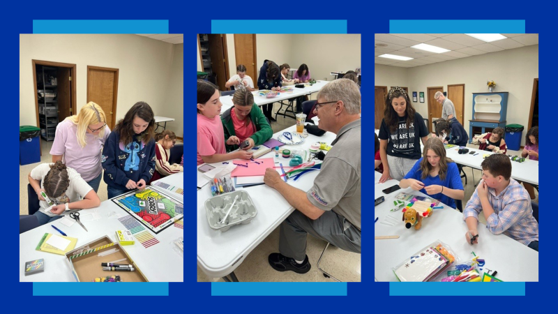 Three photos are on top of a blue background. In each photo, people work with toys, such as a Sorry boardgame, to make them more accessible for children with special needs.